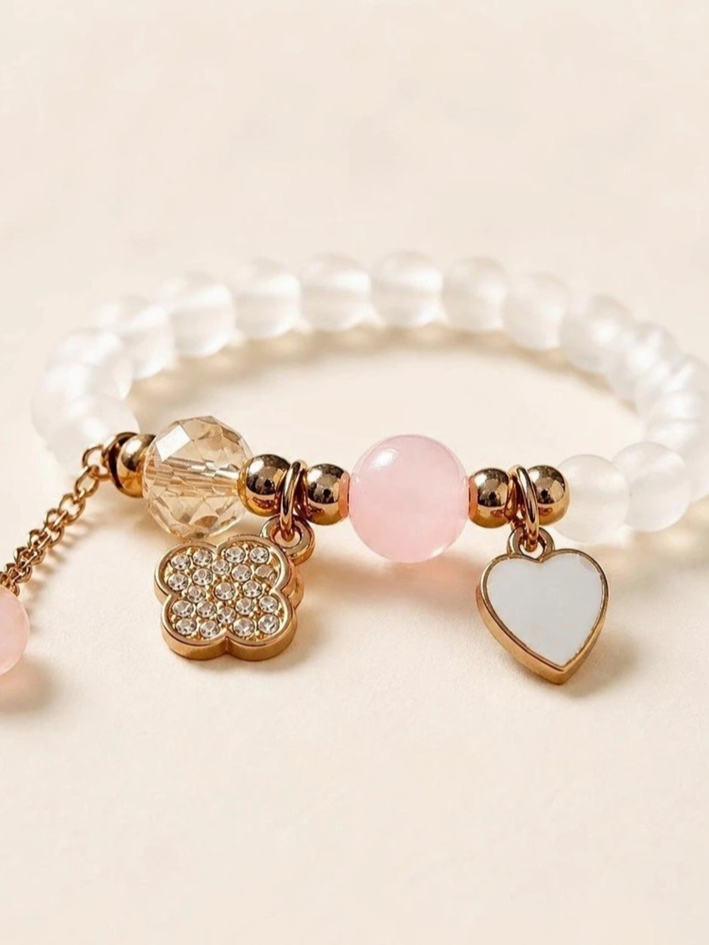 Beaded Charm Bracelet in White & Pink